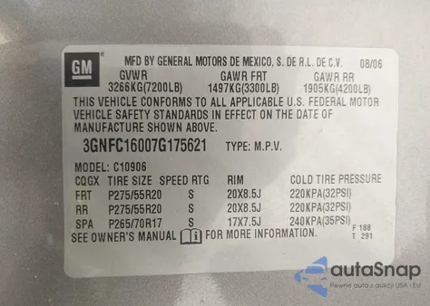 2007 Chevrolet Suburban 1500 Ltz z USA, uszkodzony, nr VIN 3GNFC16007G175621